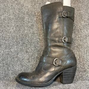 Born Maleri Mid Calf Riding Boots Womens 9 Black Leather Lined Buckle Heeled